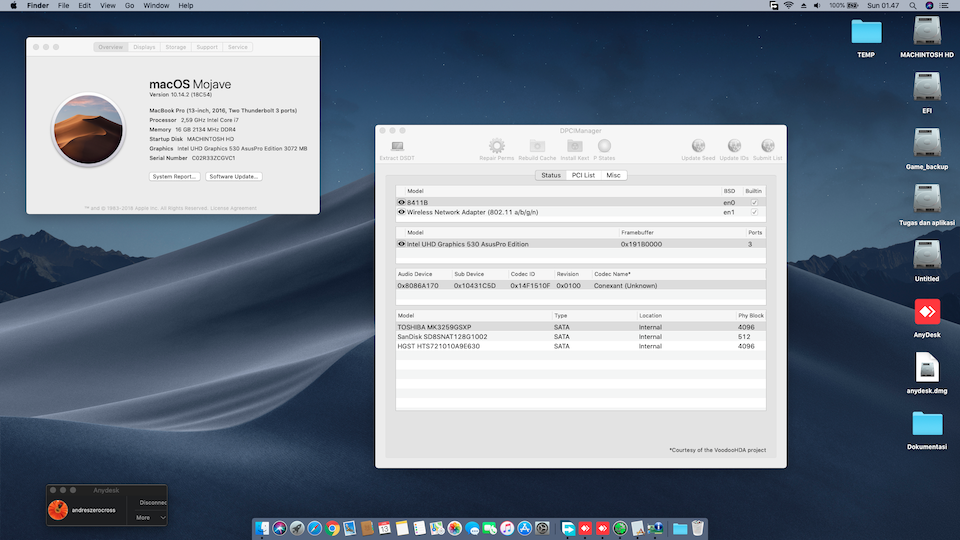Success Hackintosh macOS Mojave 10.14.2 Build 18C54 at Asus ROG GL552VW-CN656D